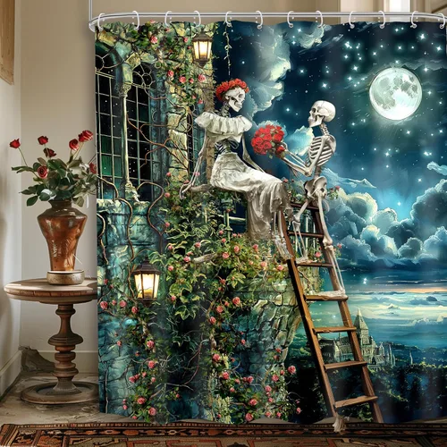 Miniatura 22 de Cortina de ducha con diseño de calavera de neón de 60 pulgadas de ancho x 72 pulgadas de alto, esqueleto gótico, espeluznante, único hueso fresco