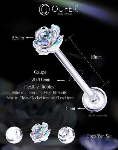 Miniatura 7 de OUFER 3 piezas de joyería de hélice de plástico, retenedor de piercing de labios transparente para cirugía, lindos anillos de labios