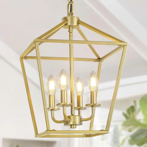 Miniatura 12 de Lámpara de araña de granja de 4 luces, lámpara de techo rústica tipo linterna con jaula de metal pintado de madera y cadena ajustable, luminaria