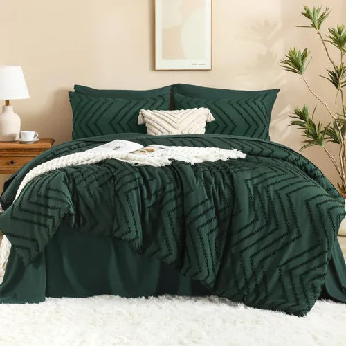 Litanika - Juego de edredón King con sábanas verde esmeralda oscuro, 7 piezas, cama en una bolsa capitoné, diseño de cheurón, juego de ropa de cama