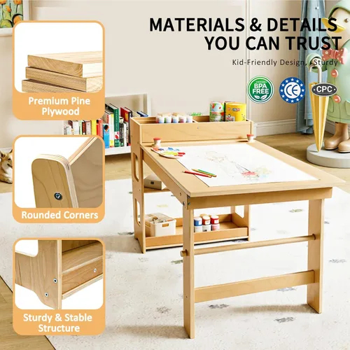 Miniatura 7 de WINGYZ Mesa y sillas de arte para niños, mesa de actividades para niños pequeños y 2 sillas con armario de almacenamiento, mesa de manualidades 5