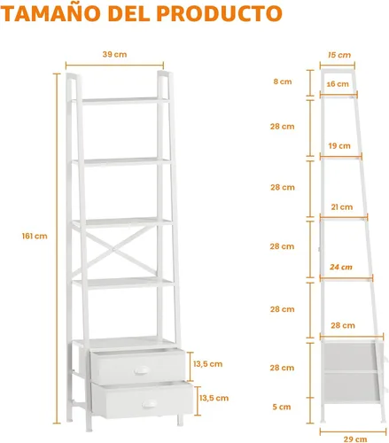 Miniatura 3 de Furologee Estantería de escalera de 5 niveles con 2 cajones, estantes de almacenamiento estrechos para libros, estantería industrial independiente