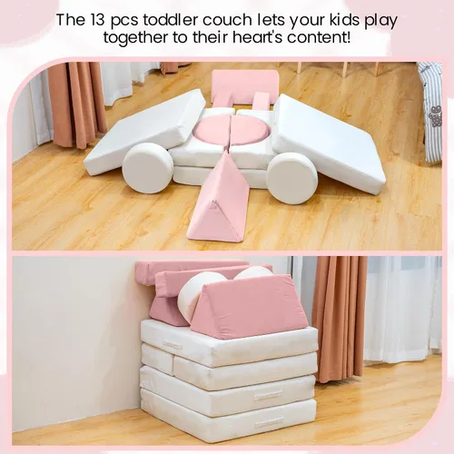 Miniatura 6 de Sofá modular de juego para niños de 13 piezas con funda de terciopelo lavable, sofá modular para niños y niñas, espuma convertible y cojín de suelo