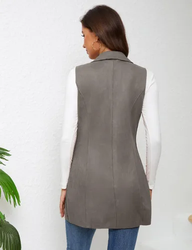 Miniatura 3 de Chaleco largo de ante sin mangas para mujer, chaleco casual con solapa y frente abierto