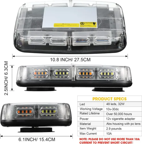 Miniatura 3 de Leelosp Paquete de 3 mini barras de luz estroboscópica para techo, 48 luces LED estroboscópicas de advertencia de base magnética, luz intermitente