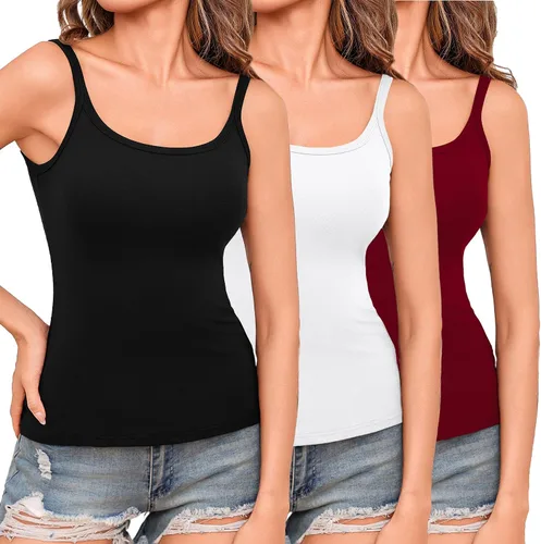 Miniatura 10 de Totatuit Paquete de 3 camisolas acanaladas con cuello cuadrado para entrenamiento, básicas, ajustadas, informales, para mujer