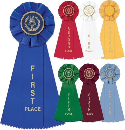 Hodges Badge - Paquete de 7 cintas de roseta de premio - 1, 2, 3, 4, 5, 6 y Premio al participante, cinta de premio de la antorcha de la victoria,