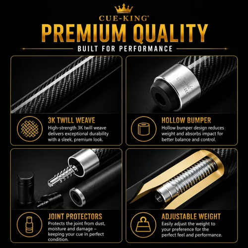 Miniatura 4 de Cue-King Taco de Billar de Fibra de Carbono de Grado Militar de 58” 18oz 2 Piezas con Punta Premium de 12.5mm Acabado en Fibra de Carbono Brillante