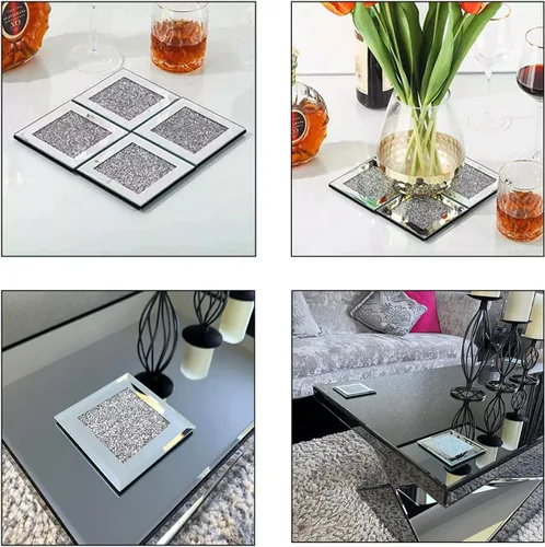 Miniatura 3 de GIMORRTO Posavasos de cristal con espejo de 8 piezas, taza cuadrada de diamante triturado de 4 pulgadas, decoración en la mesa para bar