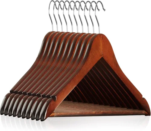 Casafield - 10 Perchas de Madera de Nogal para Trajes - Madera de Loto Premium con Muescas y Gancho Giratorio Cromado para Ropa de Vestir, Abrigos,