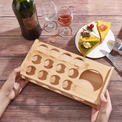 Miniatura 3 de NBEADS Soporte para 13 bandejas de vidrio de chupito, estante de madera de bambú, organizador de copas de vino de cerveza, base gruesa, servidor