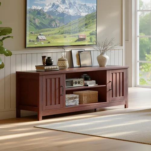 Miniatura 9 de ChooChoo Soporte de TV estilo granja, centro de entretenimiento de madera con puerta acanalada con gabinetes de almacenamiento y estantes abiertos