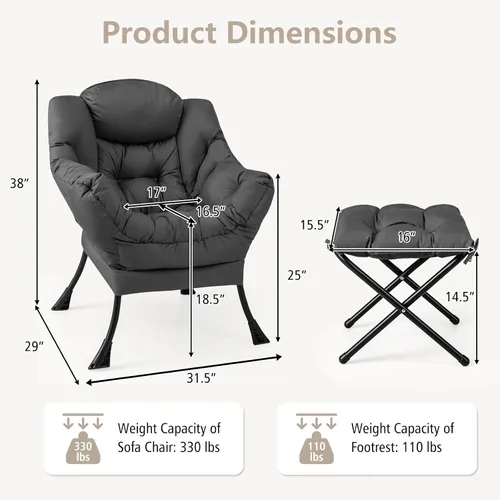 Miniatura 3 de Giantex Silla perezosa con otomana, sofá decorativo con reposapiés plegable, bolsillo de almacenamiento lateral, sillón tapizado de ocio con Gris