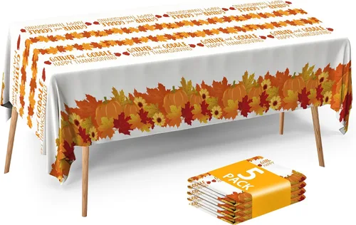 Miniatura 11 de ATFUNSHOP Mantel de Acción de Gracias, paquete de 2 manteles desechables de 54 x 108 pulgadas, suministros para fiestas, calabazas, pavos, manteles