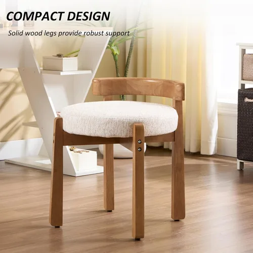 Miniatura 3 de HEAH-YO Silla de tocador de madera con respaldo, reposapiés otomano pequeño tapizado de felpilla, silla de maquillaje moderna de mediados de siglo