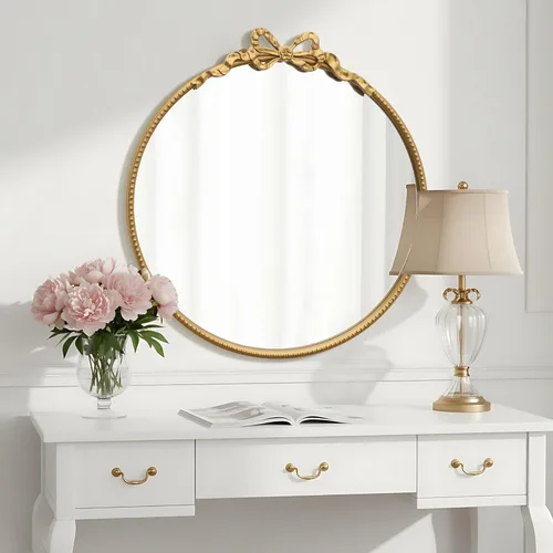 Miniatura 5 de Besdomus Espejo Redondo Dorado con Lazo: Espejo de Baño Moderno de 27" - Espejos de Tocador Ornamentados Tradicionales Barrocos
