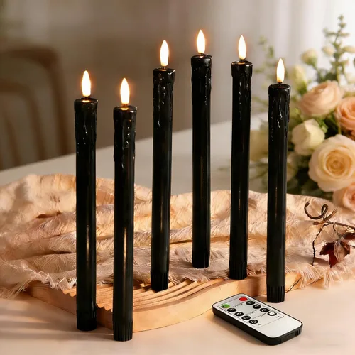 Eywamage Velas cónicas sin llama de cera negra con control remoto, velas LED parpadeantes de cera que funcionan con pilas, juego de 6