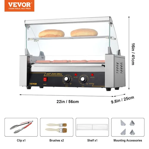Miniatura 7 de VEVOR Parrilla giratoria para perritos calientes con 5 rodillos y capacidad para 12 perritos calientes, máquina de cocción de salchichas de 750W