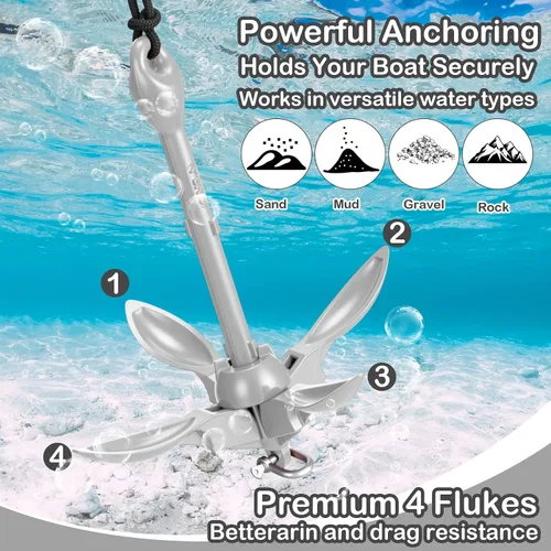 Miniatura 3 de Lounsweer Paquete de 2 anclajes de kayak marino de 1.5/3.5 libras, kit de anclaje plegable para barco, kayak, pesca, accesorios para botes pequeños