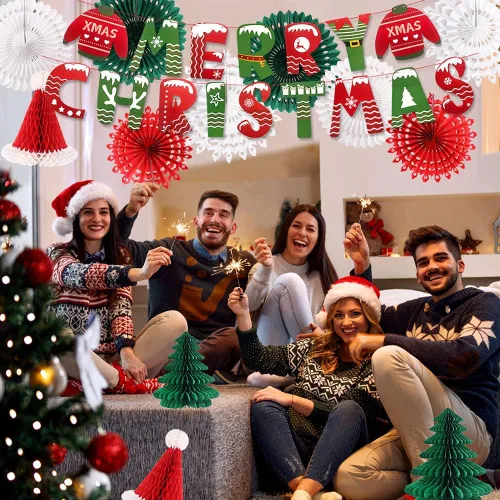Miniatura 5 de Decoraciones de fiesta de Navidad, pancarta de Feliz Navidad, panal de abeja, sombreros de Papá Noel, árboles, copos de nieve, abanicos de papel
