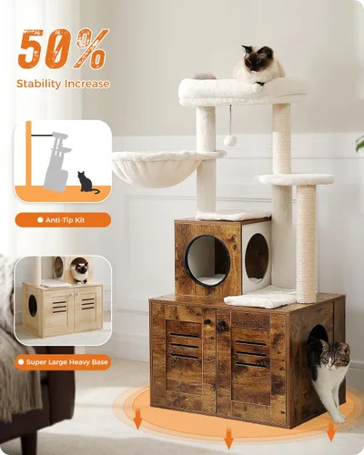 Miniatura 2 de MUTTROS Árbol para gatos con recinto para caja de arena, árbol moderno de 50" para gatos grandes/gordos con condominio para gatos, muebles de madera