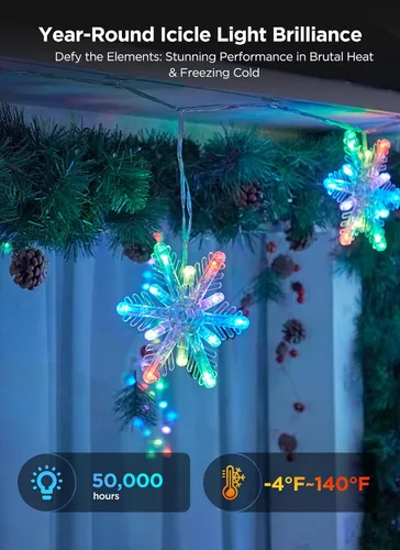 Miniatura 7 de Brightown - Luces colgantes inteligentes de copo de nieve, 12 pies, 96 ledes, 8 gotas, sincroniza con música, control desde la app, impermeable, más