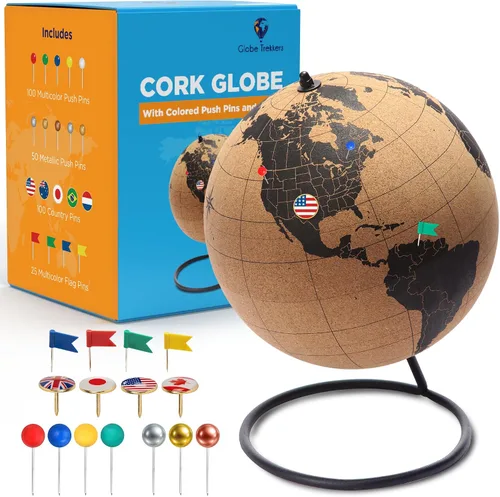 Globe Trekkers - Mini globo de corcho con 50 pines de empuje de diferentes colores y base de acero inoxidable duradera | Ideal para mapear viajes y