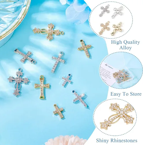 Miniatura 5 de 20 dijes de cruz con diamantes de imitación de cristal y crucifijo colgantes, colgantes de rosario de plata dorada para Pascua, joyería, pulsera