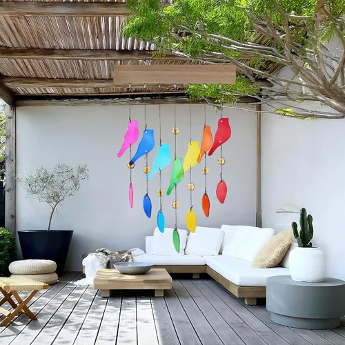 Miniatura 4 de Campanas de viento de vidrio coloridas para jardín y patio al aire libre - Campana de viento con diseño de pájaro hecha a mano, regalo perfecto