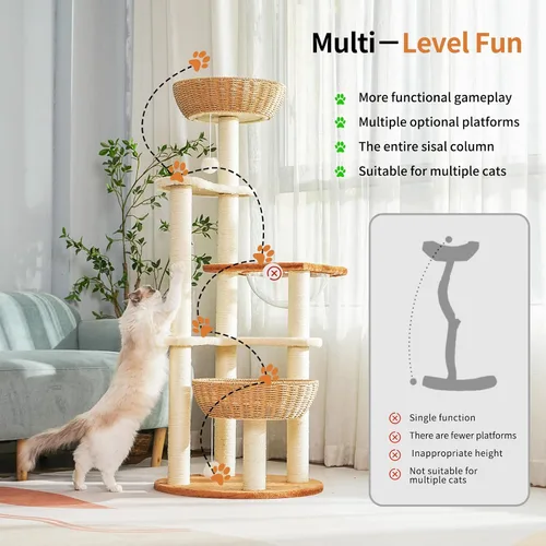 Miniatura 7 de Moderna torre de árbol para gatos de interior, condominio de madera de varios niveles con nido de cápsula espacial, cesta tejida a mano para gatos