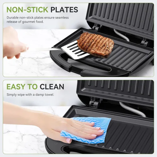 Miniatura 2 de OSTBA Sandwichera y prensa Panini, máquina de queso a la parrilla de 2 rebanadas con placas antiadherentes, luces indicadoras, mango de tacto frío