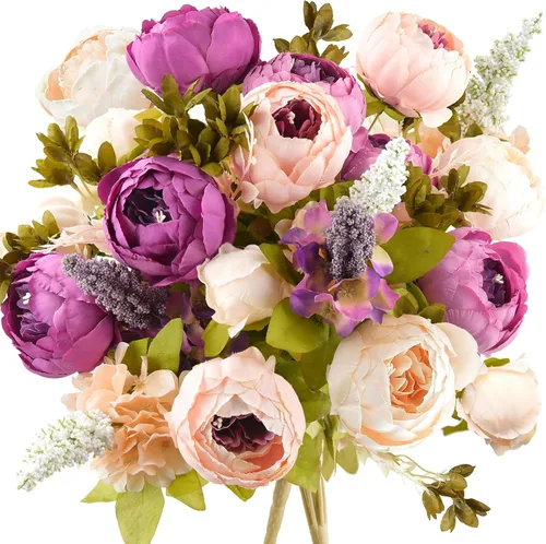 Miniatura 16 de FiveSeasonStuff - Peonías y hortensias artificiales de seda, ideal para decoración de bodas, novias, hogar, decoración de centro de mesa (2 ramos).