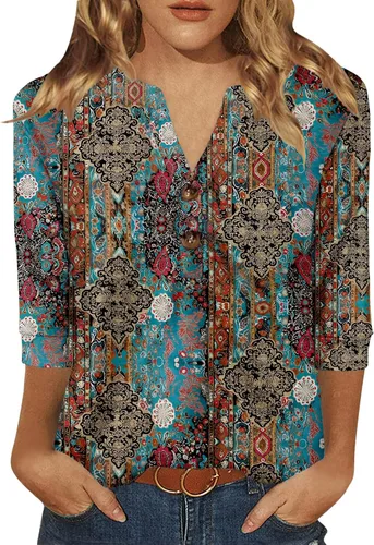 Miniatura 10 de Dimur Camisetas de manga 3/4 con cuello en V y botones para mujer, traje casual de negocios, camiseta básica de verano 2025