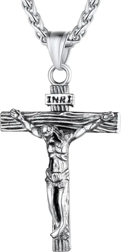 U7 Colgante de cruz de crucifijo para hombre con cadena de bautismo, joyería cristiana, acero inoxidable, oro de 18 quilates, collar antiguo de