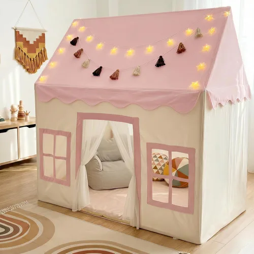 Miniatura 15 de Little Dove Tienda de campaña para niños con alfombra, luces de estrella, guirnalda de borlas, casa de juegos para niños con ventanas fáciles