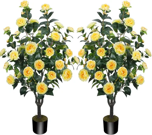 Miniatura 15 de Árbol artificial de 43.3 pulgadas / 3.6 pies con flores de camelia, árbol de otoño falso con 32 flores florecientes, árbol naranja para otoño