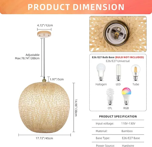 Miniatura 6 de Arturesthome Lámpara Colgante Redonda de Bambú de 1 Luz, Lámpara de Techo de Mimbre Tejida a Mano con Sombra de Cesta Boho para Isla de Cocina