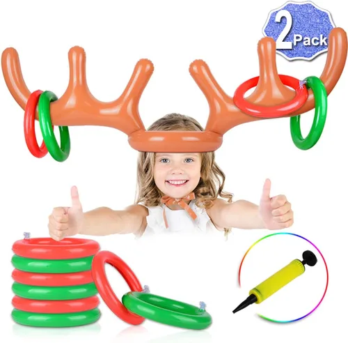 2 juegos de cuernos inflables de reno para lanzar anillos, juegos de Navidad para fiesta familiar, ideal para adultos y niños