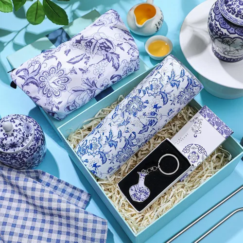 Miniatura 2 de Abbylike 3 vasos de acero inoxidable azul y blanco de 20 onzas, regalo chinoiserie, bolsa de maquillaje azul y blanco, llavero para enamorados
