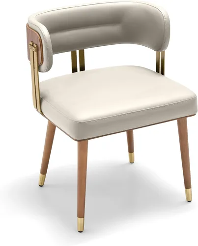 Miniatura 14 de ARTPLAN Silla de comedor de cuero de nogal, moderna silla de cocina tapizada con cojín de espuma de alta resistencia, marco dorado de acero Cereza