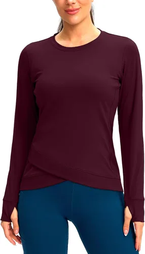 SANTINY Camiseta de compresión atlética de manga larga para mujer, con dobladillo cruzado, para correr, gimnasio, yoga, con agujero para el pulgar
