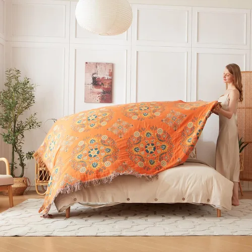 Miniatura 7 de Cobija para cama de estilo bohemio, 100 % algodón, ultra suave, edredón rústico, cobija de otoño, estampado floral, cobija grande rústica para sofá