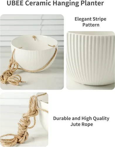 Miniatura 8 de UBEE Macetas colgantes de cerámica para interiores y exteriores, maceta colgante de 7.5 pulgadas + 6.5 pulgadas para plantas, cesta colgante