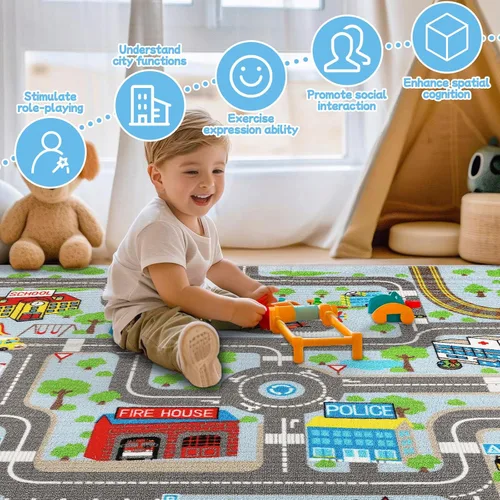 Miniatura 7 de Alfombra de juego para niños de 6.6 x 5.0 pies, alfombra azul para niños para autos de juguete, alfombra antideslizante de mapa de la ciudad