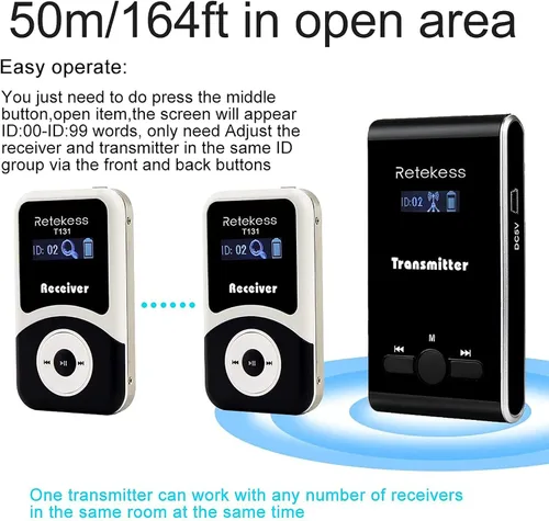 Miniatura 3 de Retekess Sistema de auriculares T130 para guía turístico, dispositivo susurrador, estilo clásico, fácil de usar, micrófono de guía turístico