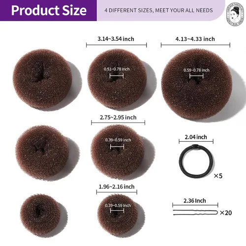 Miniatura 7 de Teenitor Juego para hacer moños en forma de dona, 7 anillos (1 extragrande, 2 grandes, 2 medianos, 2 pequeños), 5 bandas elásticas, 20 horquillas