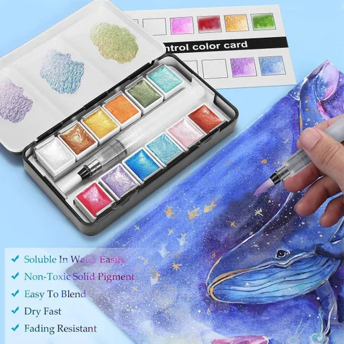 Miniatura 4 de Emooqi Juego de pinturas de acuarela, pintura sólida de acuarela con purpurina metálica, incluye 12 colores metálicos con purpurina, 2 pinceles