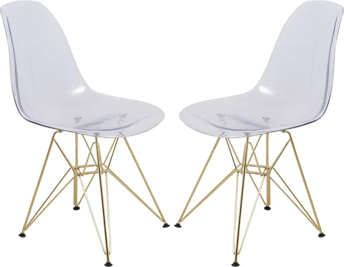 Miniatura 12 de LeisureMod Cresco Silla de comedor de acrílico moldeado con base Eiffel de metal dorado y diseño de respaldo curvado, silla auxiliar ligera