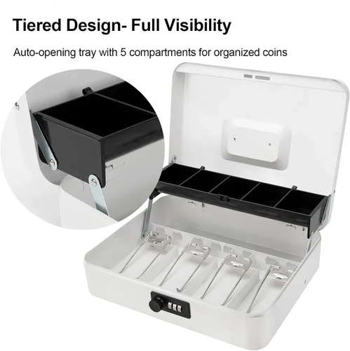 Miniatura 4 de Jssmst - Caja grande de seguridad de metal con bandeja para dinero; caja de dinero con cerradura de combinación, color blanco, SM-CB0511L Cerradura