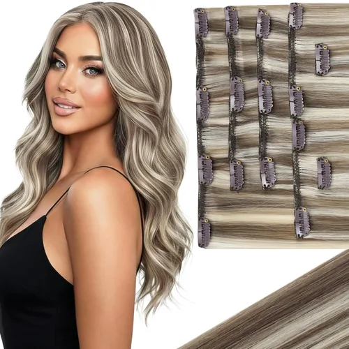 Miniatura 33 de Ve Sunny Extensiones de cabello clip-in de cabello humano real con reflejos, extensiones de cabello con clip para cabello corto, marrón oscuro